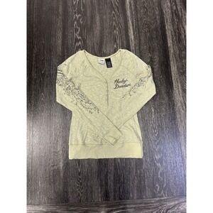 Y2K Biker Babe V-Neck Rhinestone‎ Harley-Davidson Long Sleeve Slub Top L